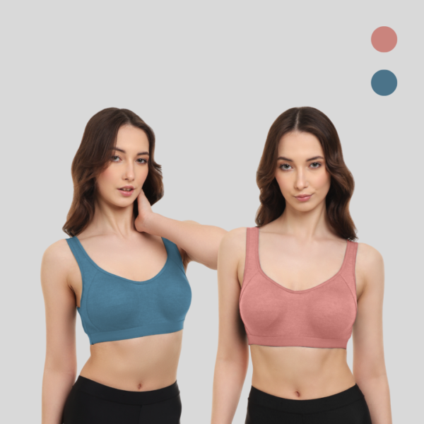 Pack of 2 Non-Padded Sports Bras in Red & Navy Blue – Stylish and breathable activewear for women.